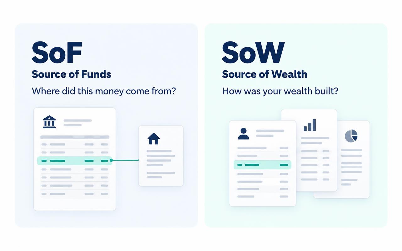 Source of Funds: a highlighted bank transaction linked to a property sale; Source of Wealth: a timeline from work and business to investments and property