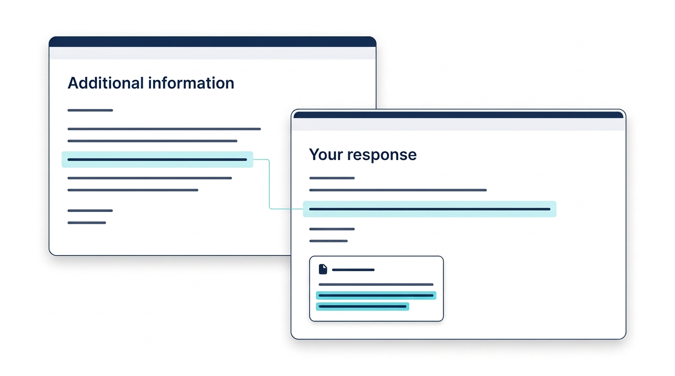A bank's additional information email connected to a supported response with an attached document.