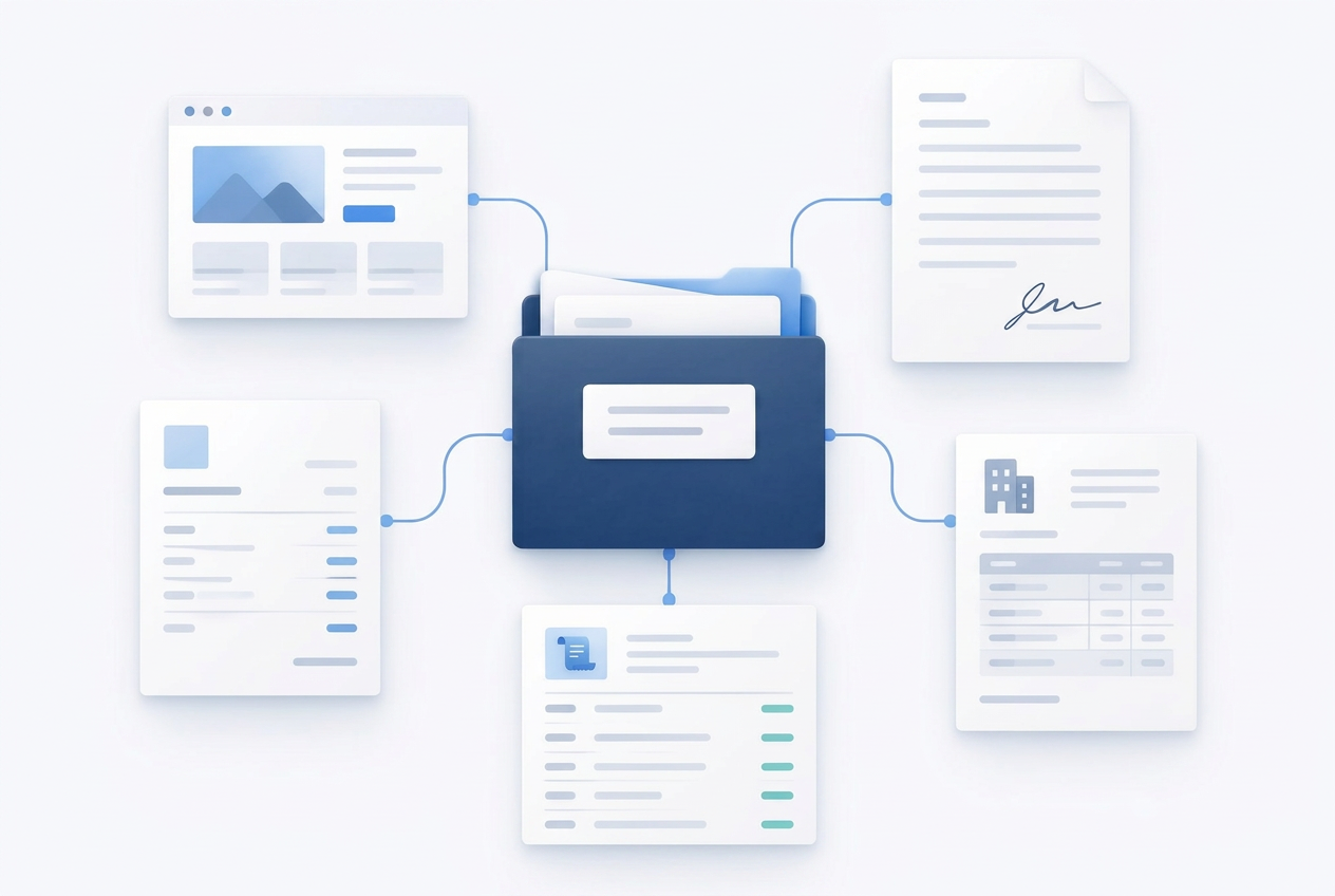 Abstract evidence board representing connected business documents used to support proof of business activity during bank and EMI onboarding